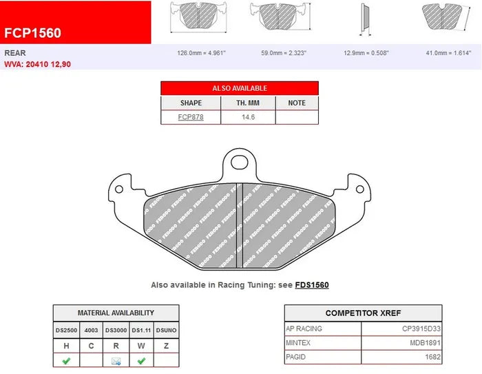 Ferodo Ds2500 Brake Pads FCP1560H