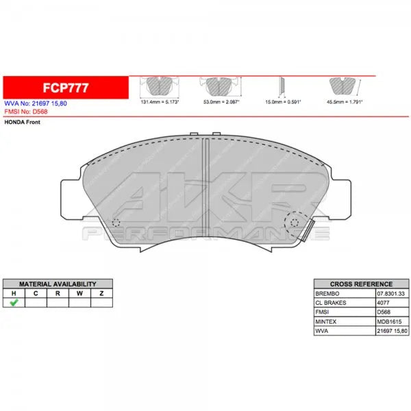 Ferodo Ds2500 Brake Pads FCP777 Honda Front