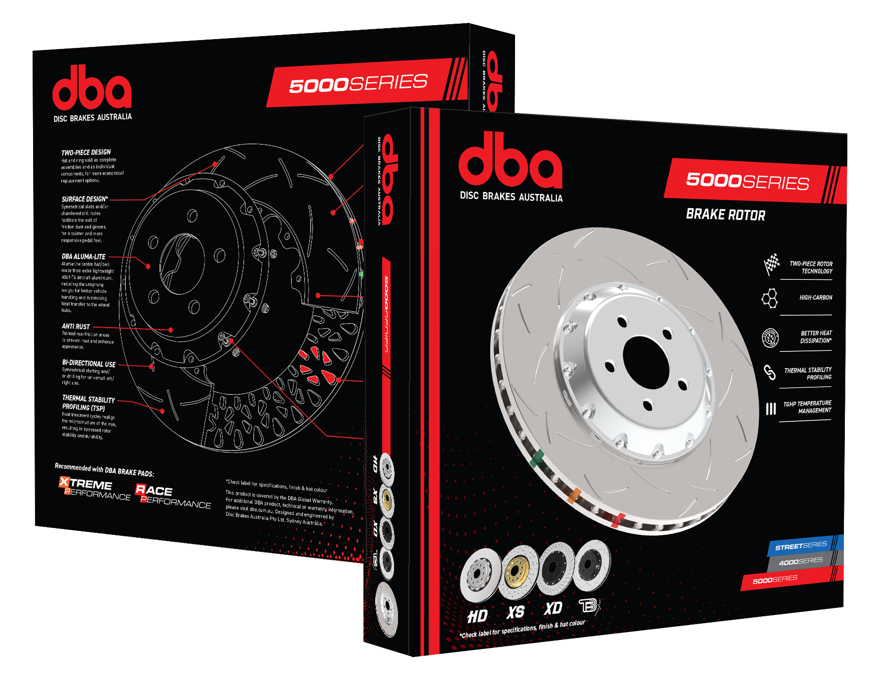 DBA 5000 Series T3 Cross Drilled Dimpled Brake Rotor With Hat - Ford Mustang GT FN 2017-2023