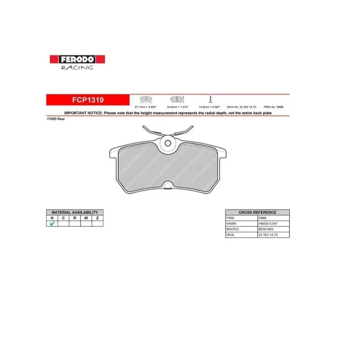 Ferodo DS2500 Brake Pads FCP1319 - Ford Fiesta ST150/ST170 Rear